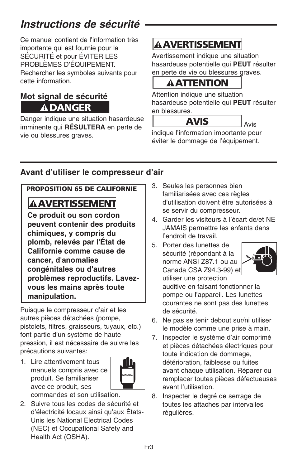 Instructions de sécurité, Mot signal de sécurité, Avant d’utiliser le compresseur d’air | RIDGID GP90150A User Manual | Page 51 / 72