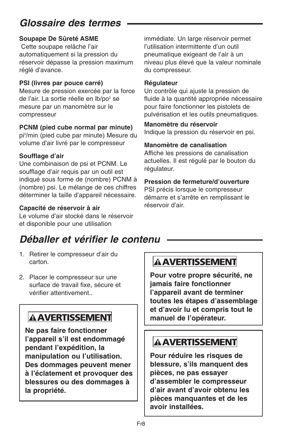 Déballer et vérifier le contenu, Glossaire des termes | RIDGID GP90150A User Manual | Page 56 / 72