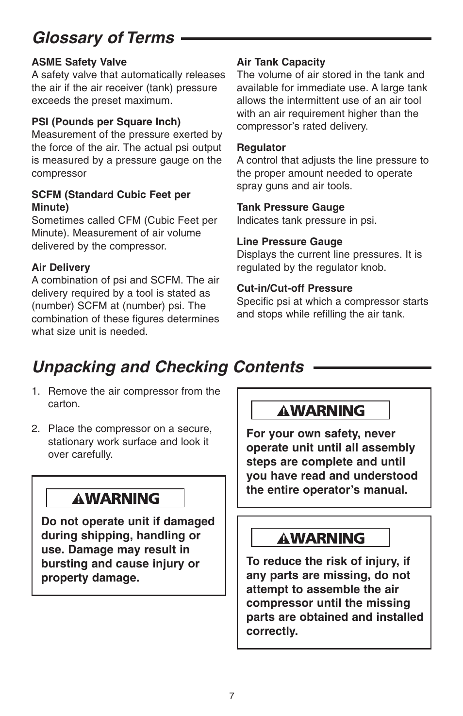 Glossary of terms, Unpacking and checking contents | RIDGID GP90150A User Manual | Page 7 / 72