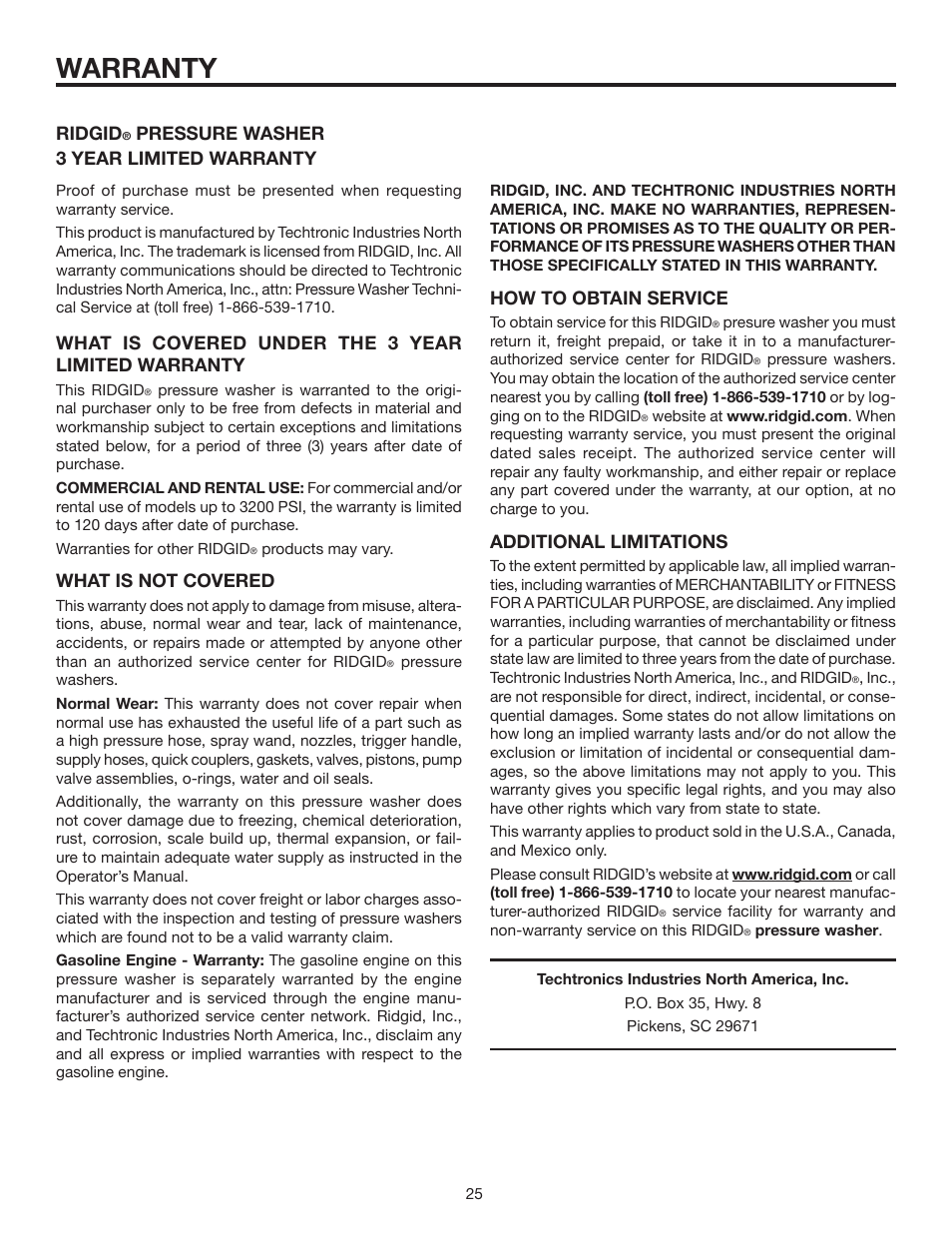 Warranty, What is covered under the 3 year limited warranty, What is not covered | Ridgid, Pressure washer 3 year limited warranty, How to obtain service, Additional limitations | RIDGID RD80770 User Manual | Page 25 / 26