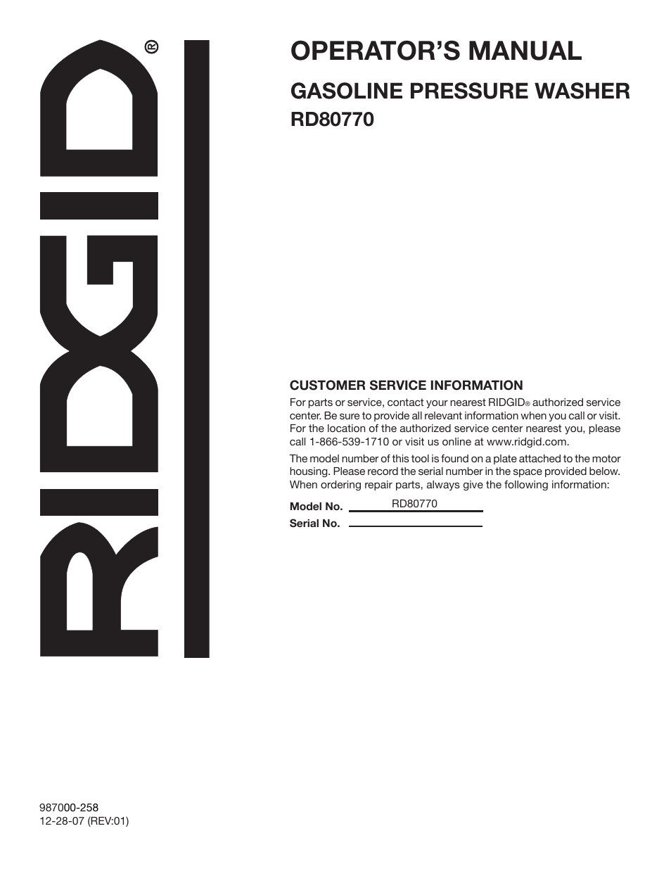 Operator’s manual, Gasoline pressure washer | RIDGID RD80770 User Manual | Page 26 / 26