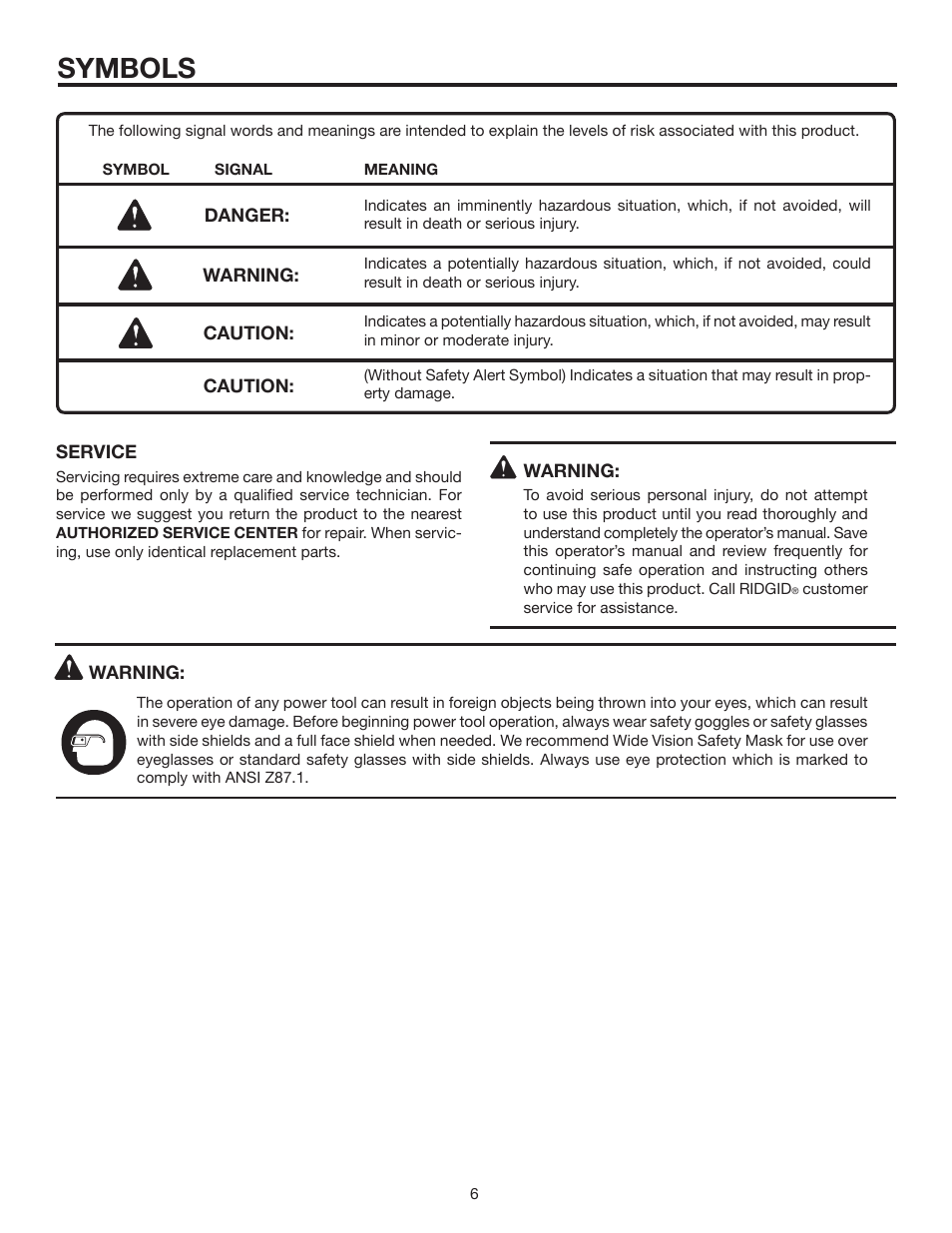 Symbols | RIDGID RD80770 User Manual | Page 6 / 26