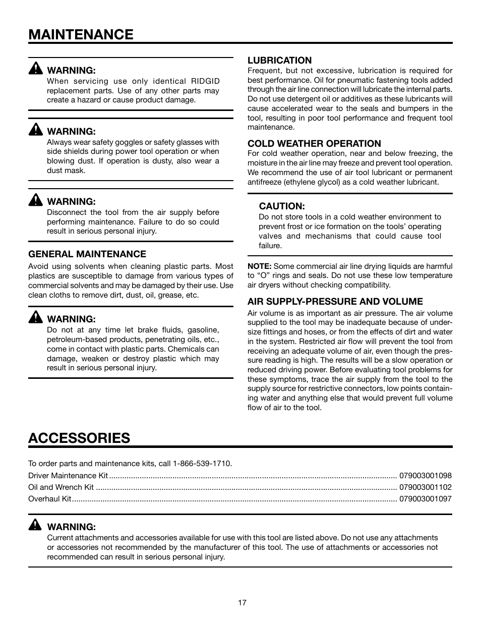 Maintenance, Accessories | RIDGID R250SFA User Manual | Page 17 / 20