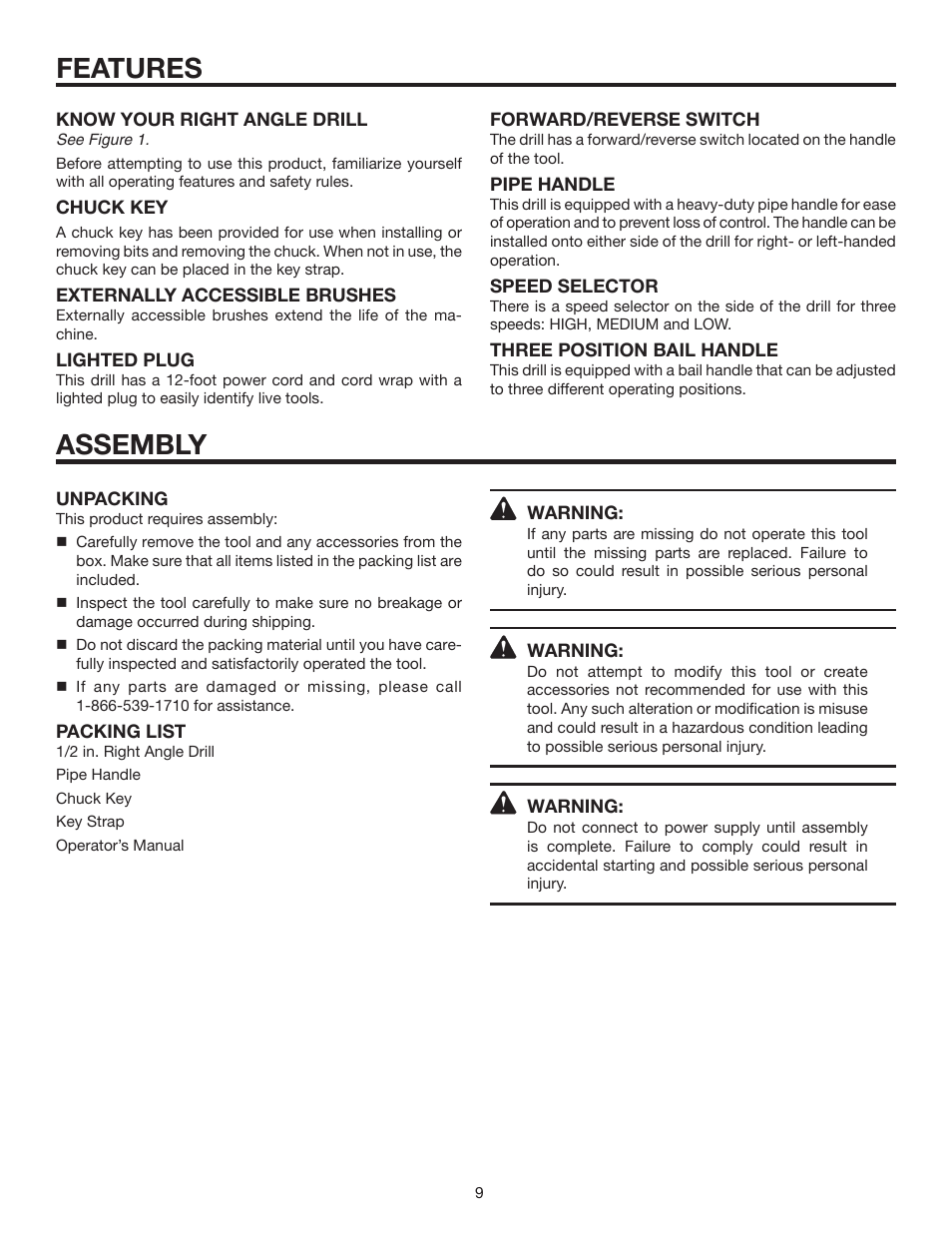 Features, Assembly | RIDGID R7130 User Manual | Page 9 / 18