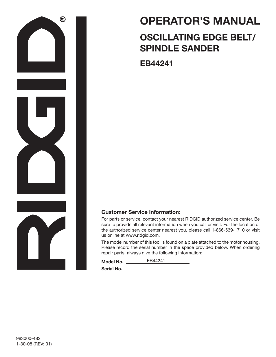 Operator’s manual, Oscillating edge belt/ spindle sander | RIDGID EB44241 User Manual | Page 26 / 26