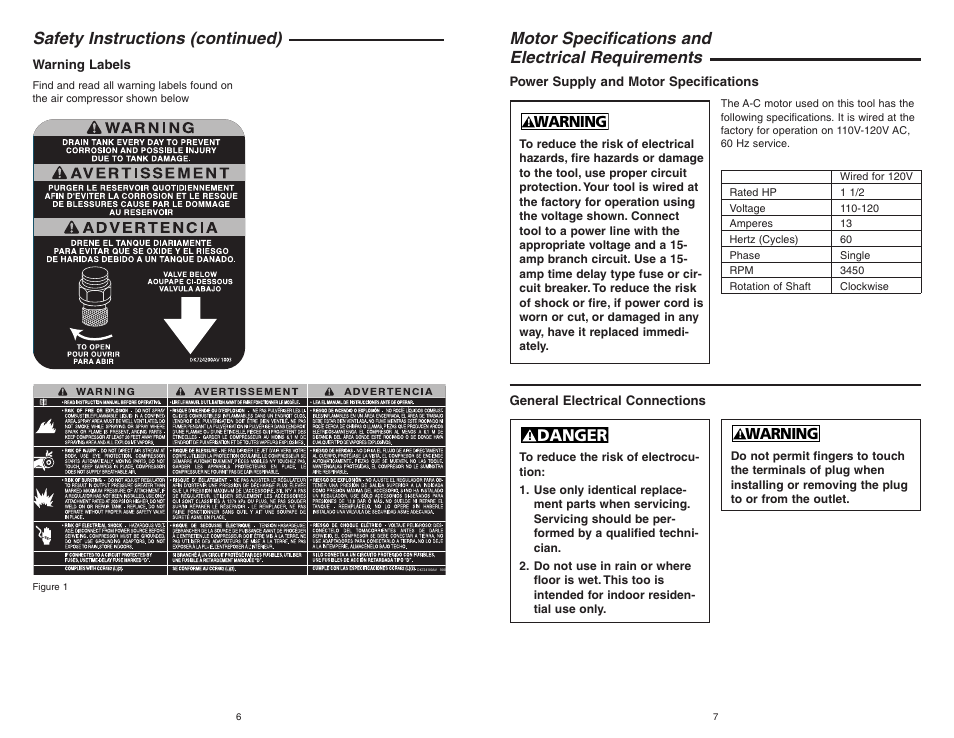 Motor specifications and electrical requirements, Safety instructions (continued), Danger | Warning | RIDGID OF45150 User Manual | Page 4 / 13