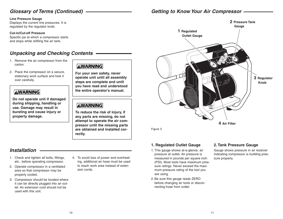 Glossary of terms (continued), Unpacking and checking contents, Installation getting to know your air compressor | Warning | RIDGID OF45150 User Manual | Page 6 / 13