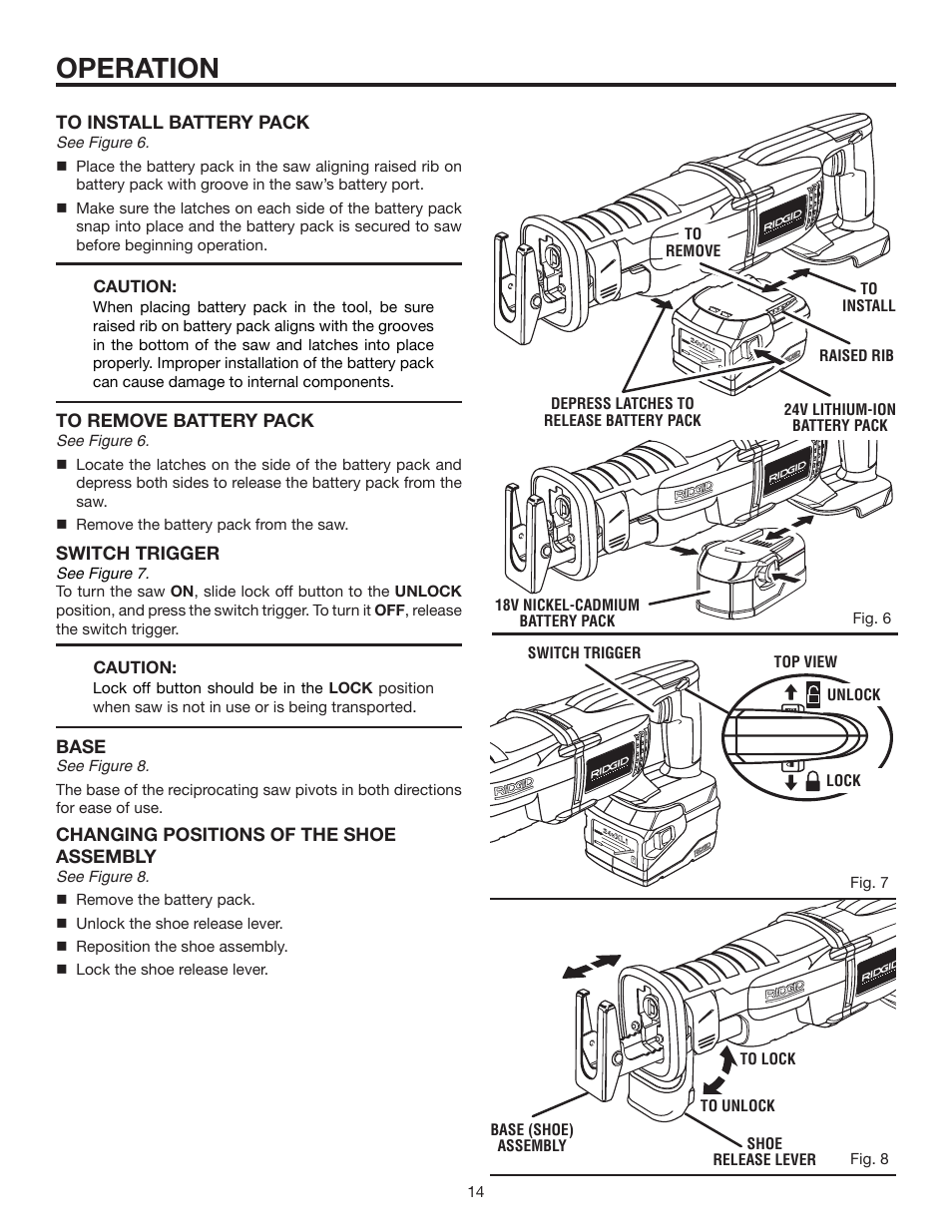 Operation, Switch trigger, Base | Changing positions of the shoe assembly | RIDGID R884 User Manual | Page 14 / 20