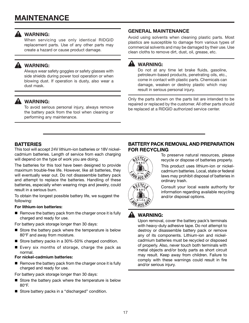 Maintenance | RIDGID R884 User Manual | Page 17 / 20