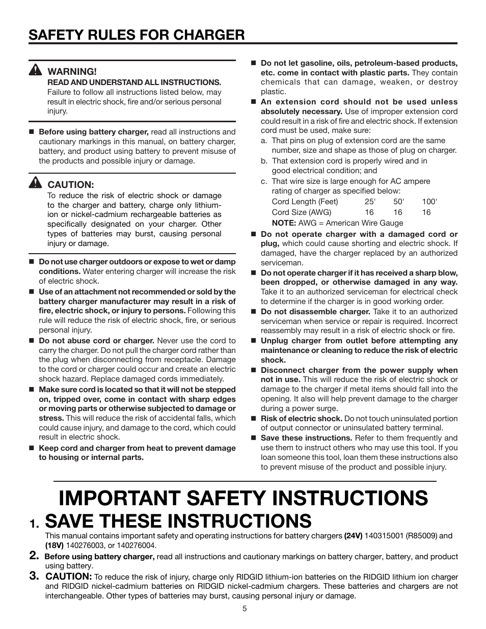 Important safety instructions, Save these instructions, Safety rules for charger | RIDGID R884 User Manual | Page 5 / 20