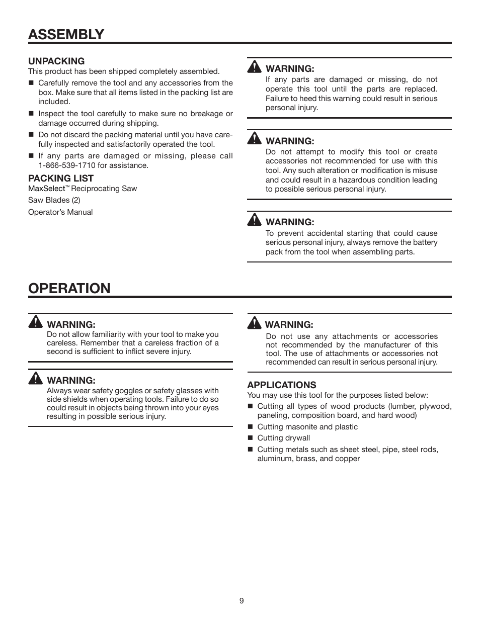 Operation, Assembly | RIDGID R884 User Manual | Page 9 / 20