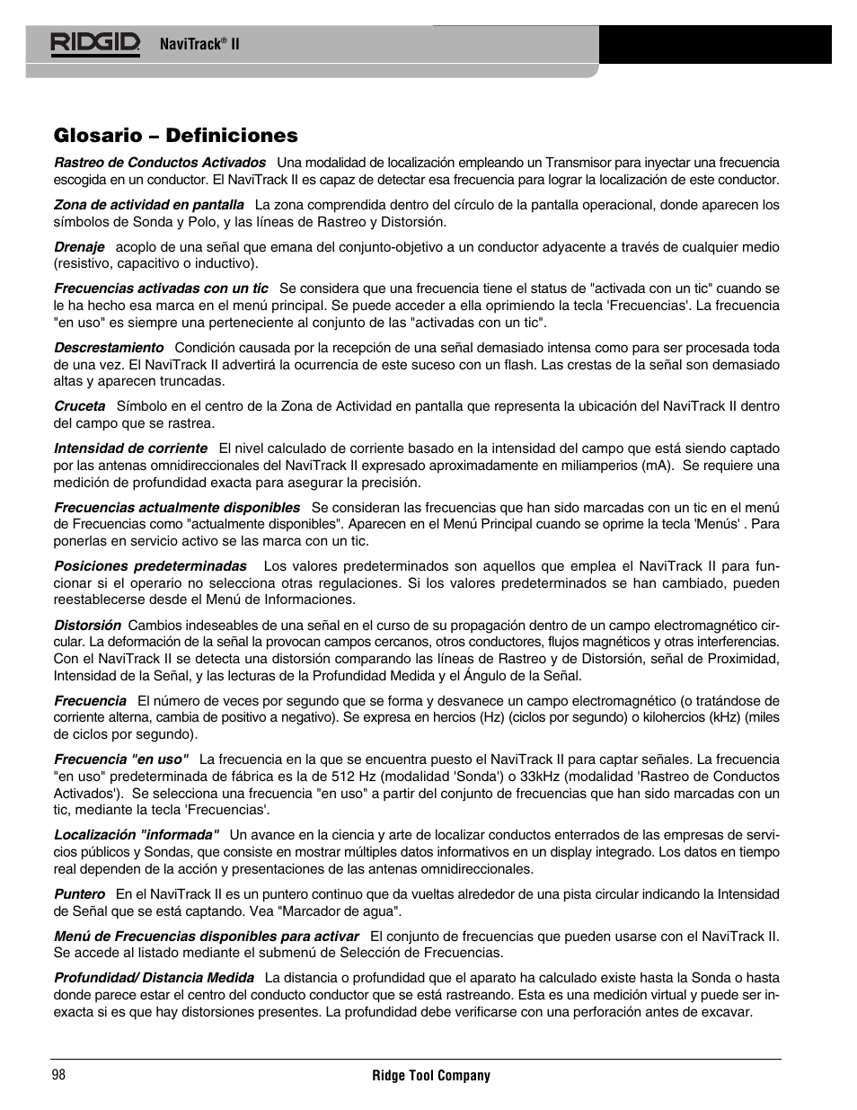 Glosario – definiciones | RIDGID Metal Detector User Manual | Page 100 / 103