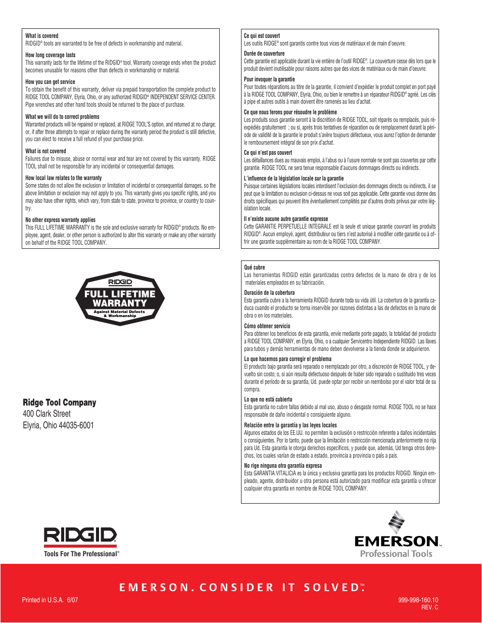 Full lifetime warranty | RIDGID Metal Detector User Manual | Page 103 / 103