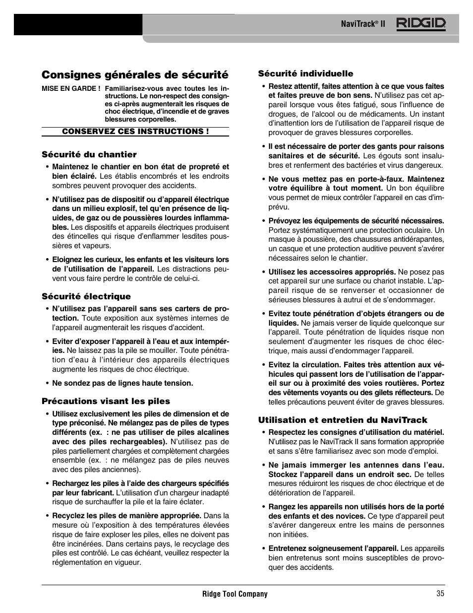 Consignes générales de sécurité | RIDGID Metal Detector User Manual | Page 37 / 103