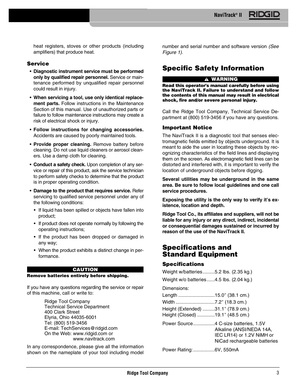 Specific safety information, Specifications and standard equipment | RIDGID Metal Detector User Manual | Page 5 / 103