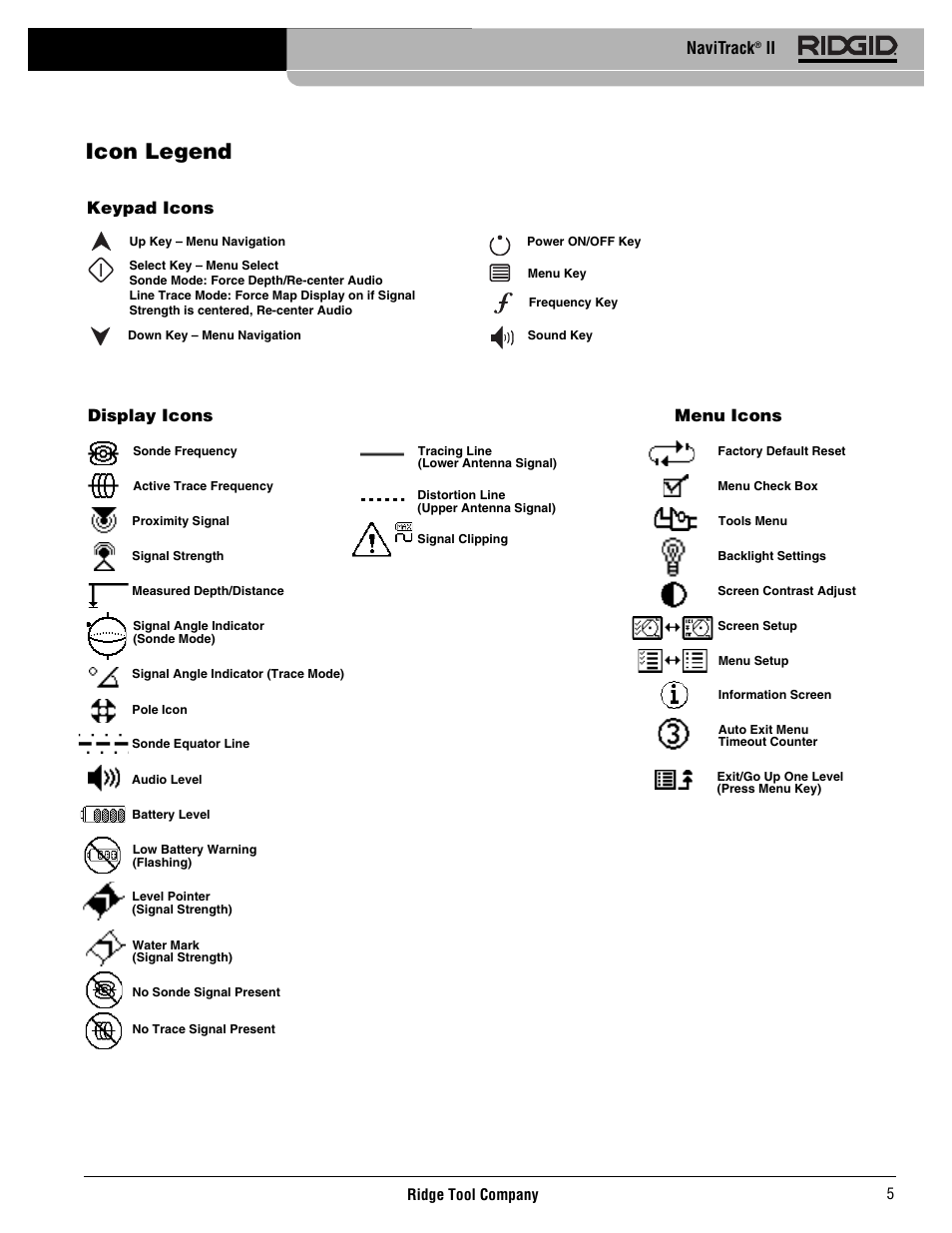 Icon legend, Navitrack, Display icons keypad icons | Menu icons | RIDGID Metal Detector User Manual | Page 7 / 103