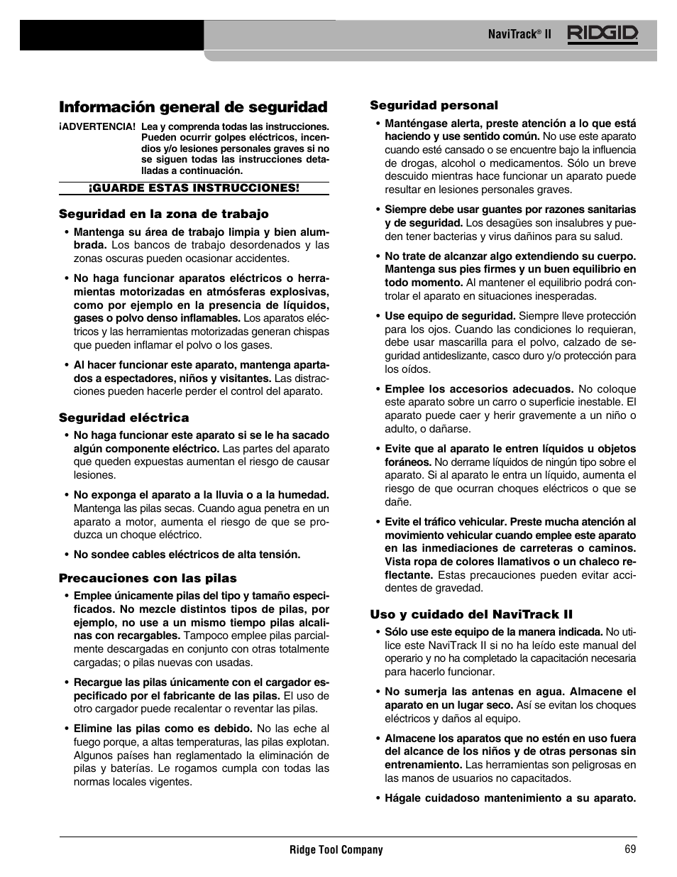 Información general de seguridad | RIDGID Metal Detector User Manual | Page 71 / 103