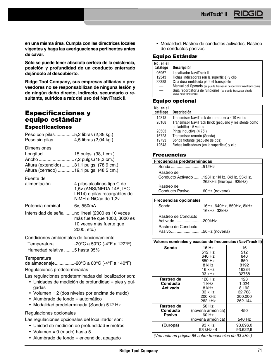 Especificaciones y equipo estándar | RIDGID Metal Detector User Manual | Page 73 / 103