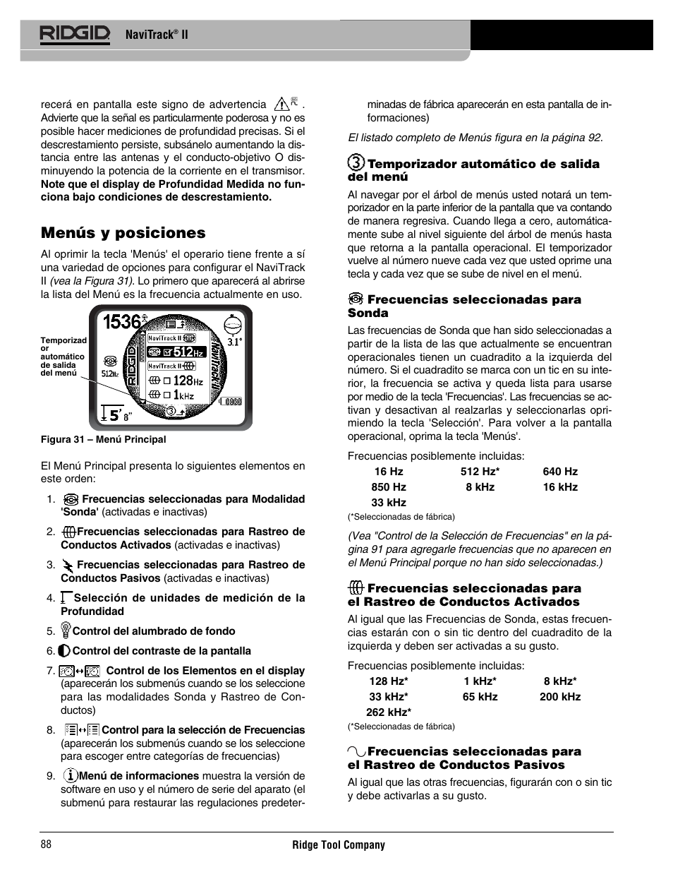 Menús y posiciones | RIDGID Metal Detector User Manual | Page 90 / 103