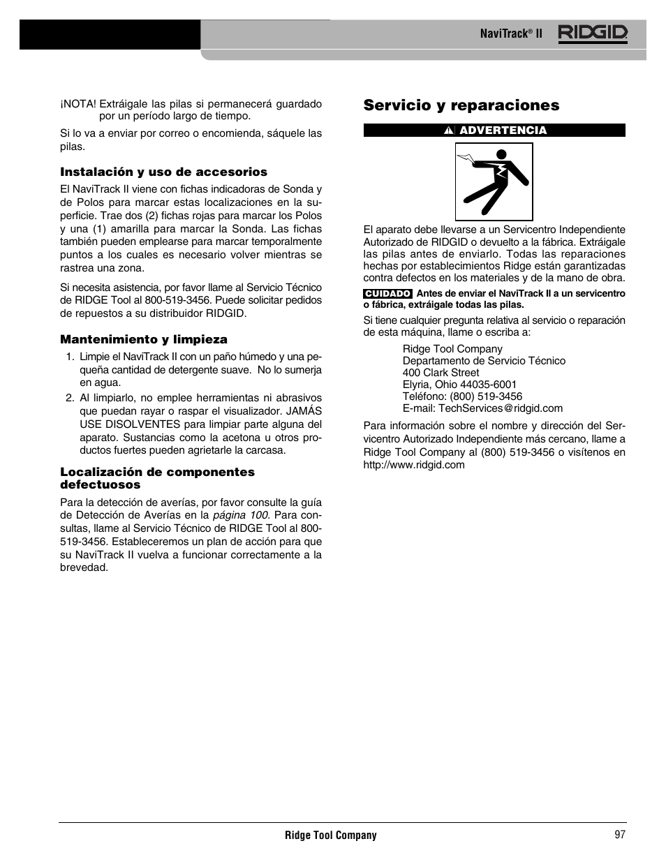 Servicio y reparaciones | RIDGID Metal Detector User Manual | Page 99 / 103