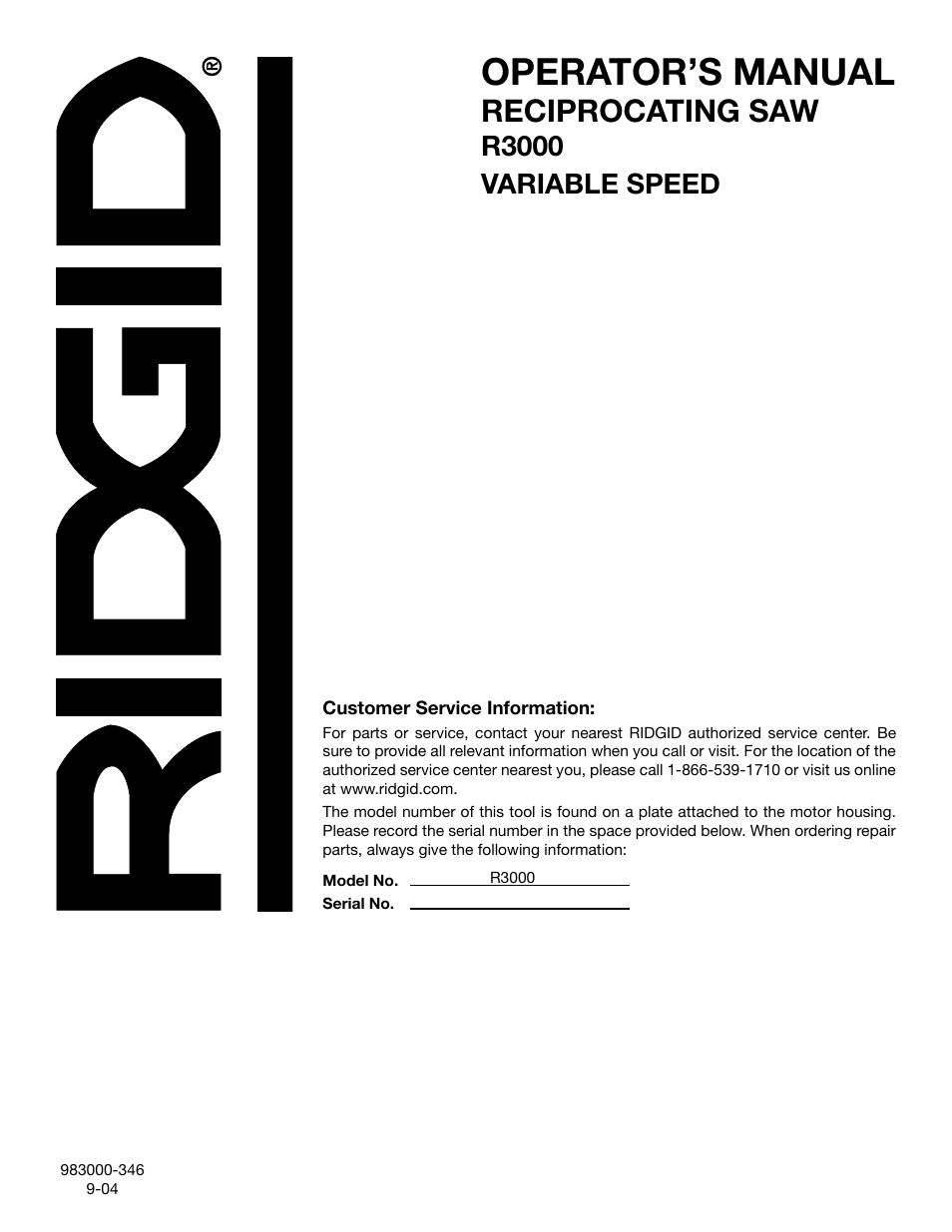 Operator’s manual, Reciprocating saw, R3000 variable speed | RIDGID R3000 User Manual | Page 16 / 16