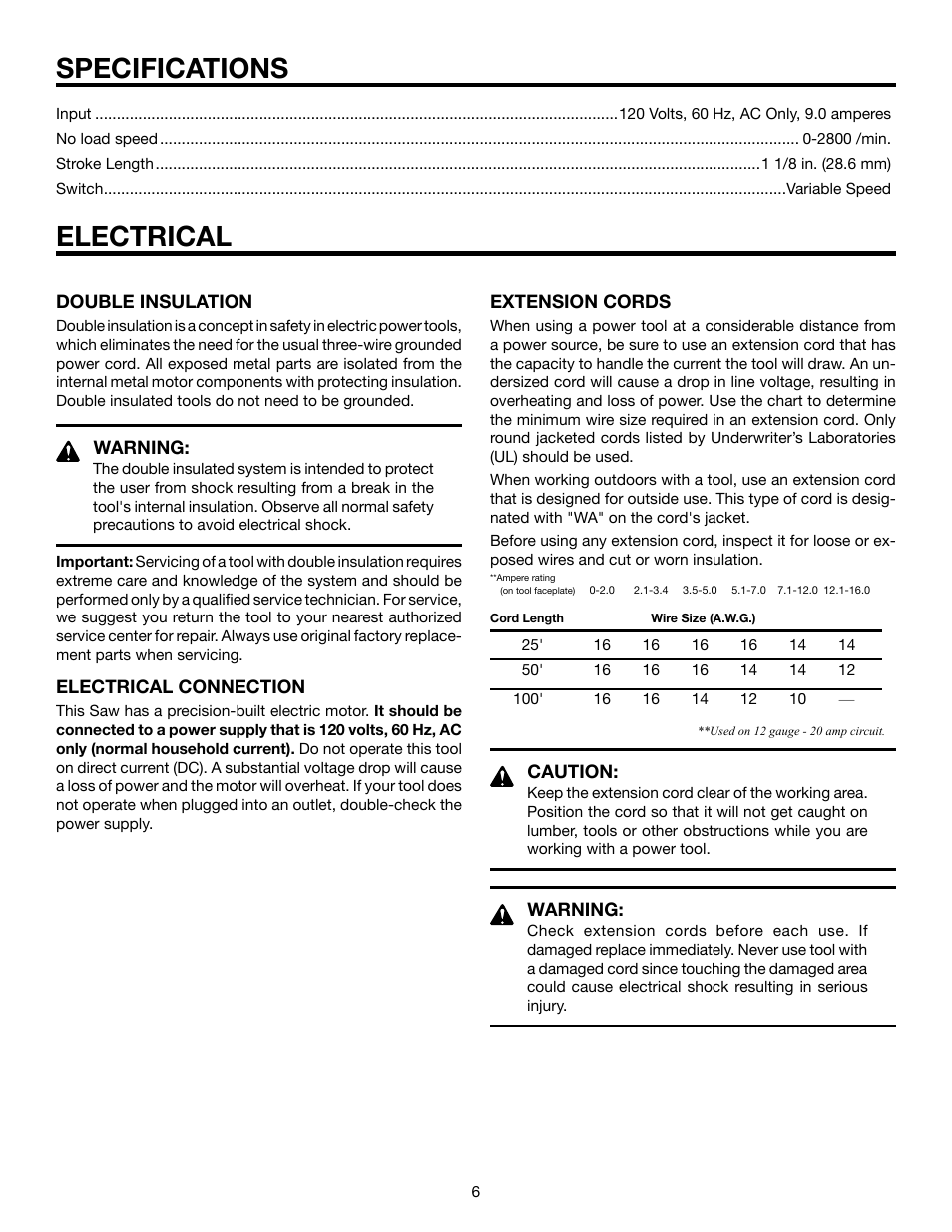 Specifications, Electrical | RIDGID R3000 User Manual | Page 6 / 16