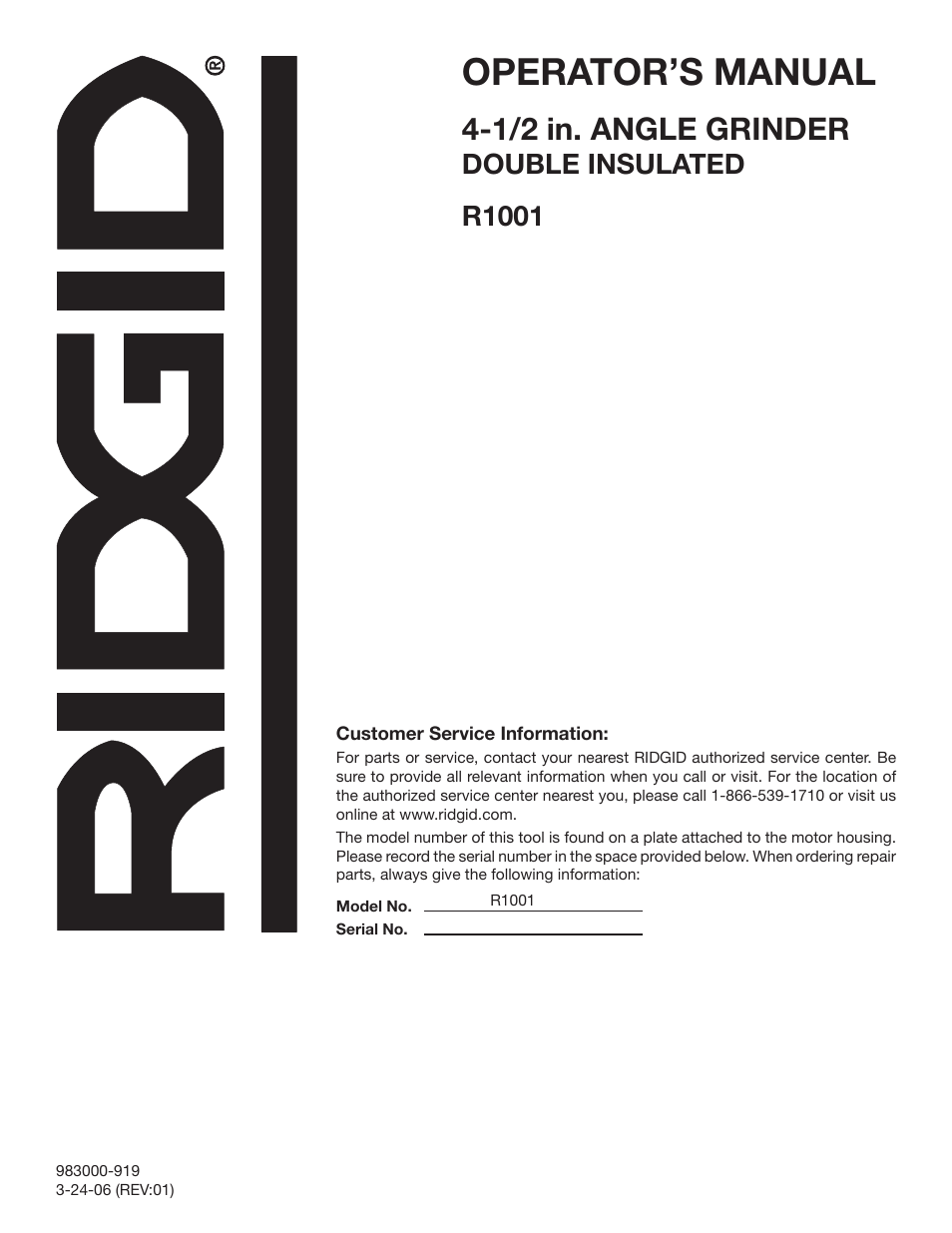 Operator’s manual, 1/2 in. angle grinder, Double insulated r1001 | RIDGID R1001 User Manual | Page 16 / 16