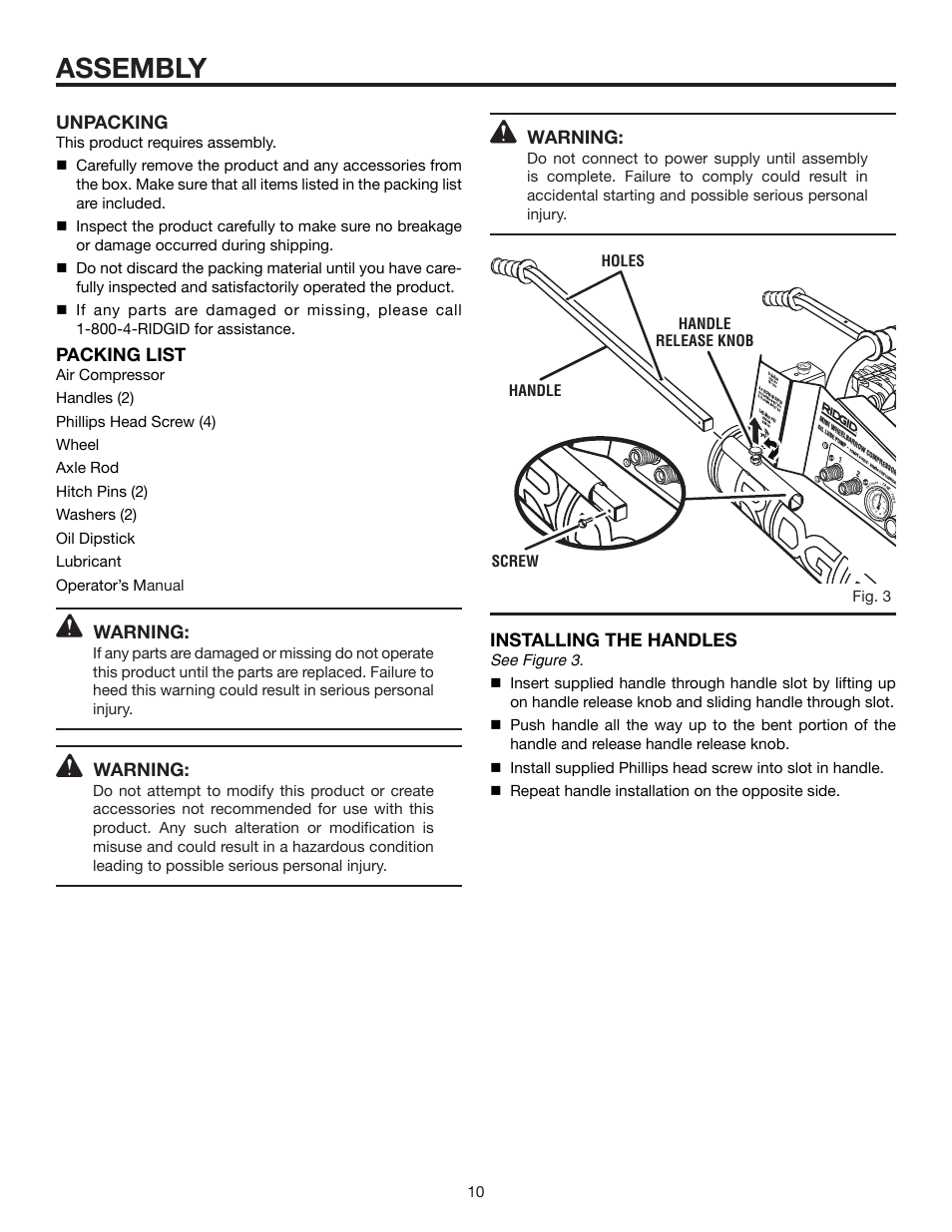 Assembly, Unpacking, Packing list | Warning, Installing the handles | RIDGID OL50145MW User Manual | Page 10 / 20