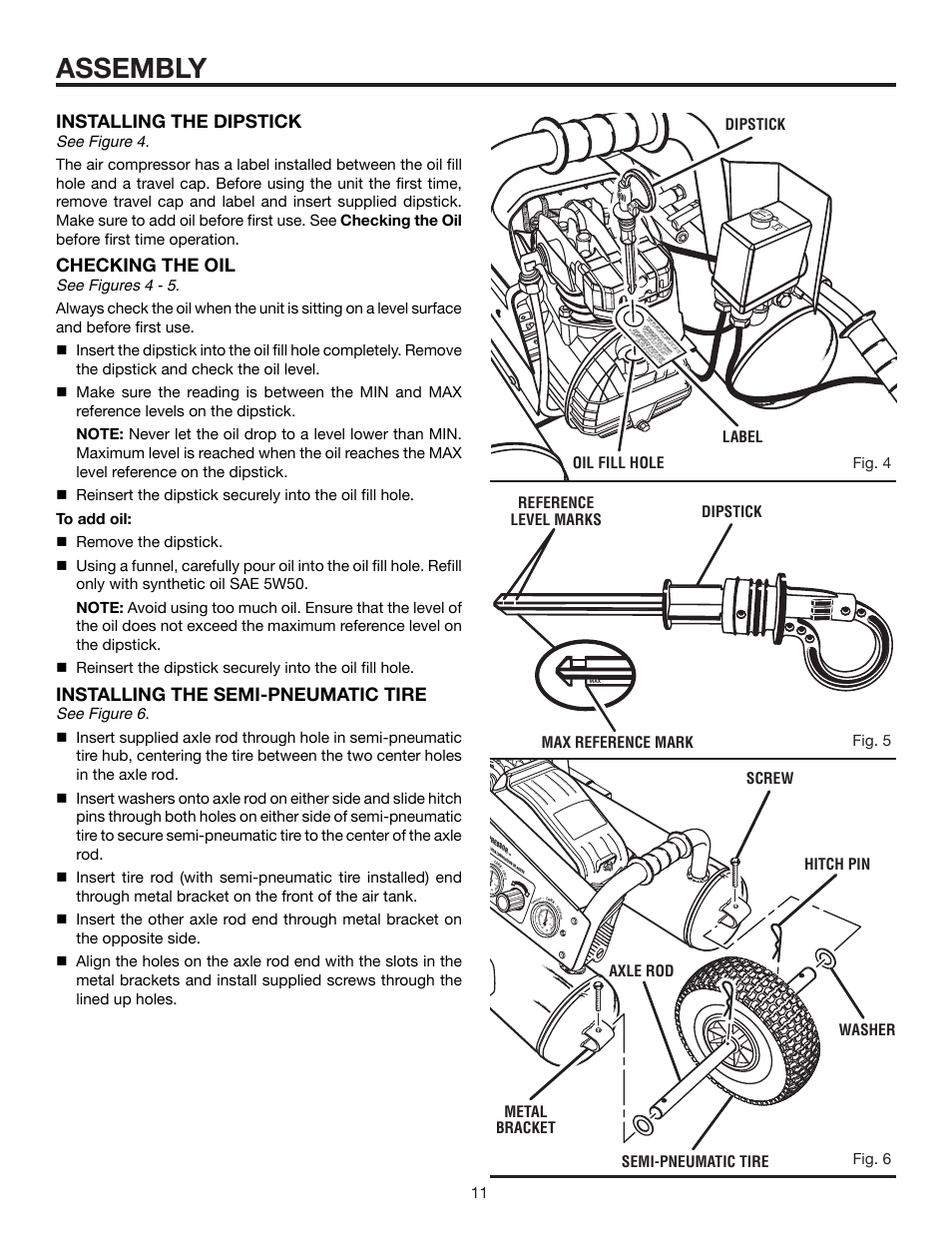 Assembly, Installing the dipstick, Checking the oil | Installing the semi-pneumatic tire, Max reference mark oil fill hole | RIDGID OL50145MW User Manual | Page 11 / 20