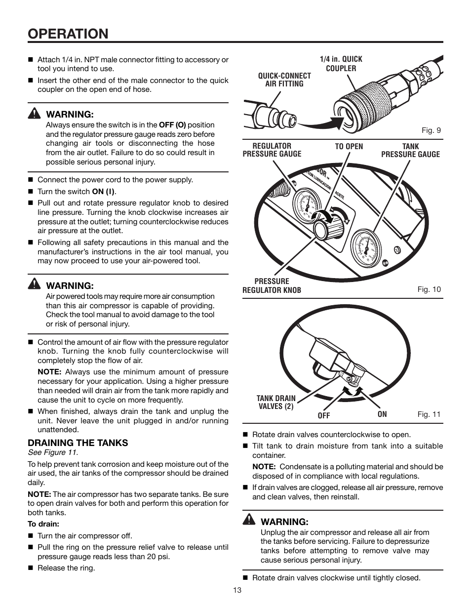 Operation, Warning, Draining the tanks | RIDGID OL50145MW User Manual | Page 13 / 20