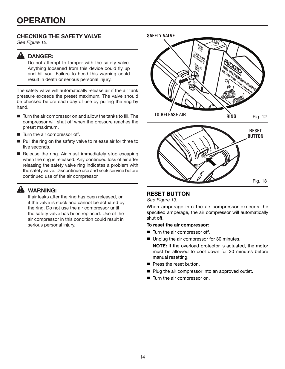 Operation, Checking the safety valve, Danger | Warning, Reset button | RIDGID OL50145MW User Manual | Page 14 / 20