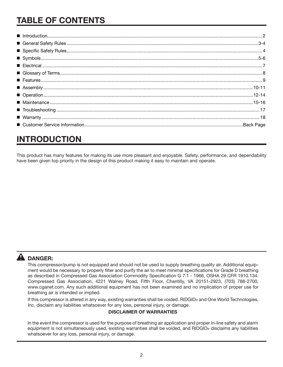 Table of contents introduction | RIDGID OL50145MW User Manual | Page 2 / 20