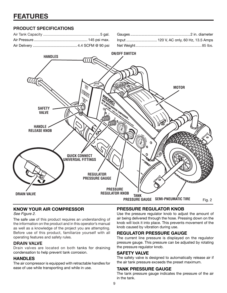 Features, Product specifications, Know your air compressor | Drain valve, Handles, Pressure regulator knob, Regulator pressure gauge, Safety valve, Tank pressure gauge, Off on | RIDGID OL50145MW User Manual | Page 9 / 20