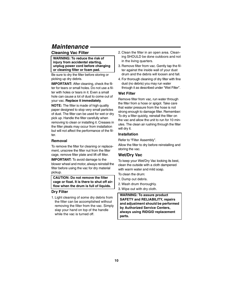 Maintenance | RIDGID WD4050 User Manual | Page 10 / 36