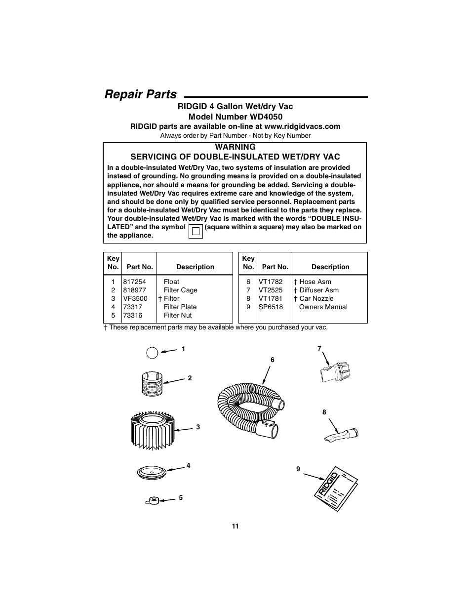 Repair parts | RIDGID WD4050 User Manual | Page 11 / 36