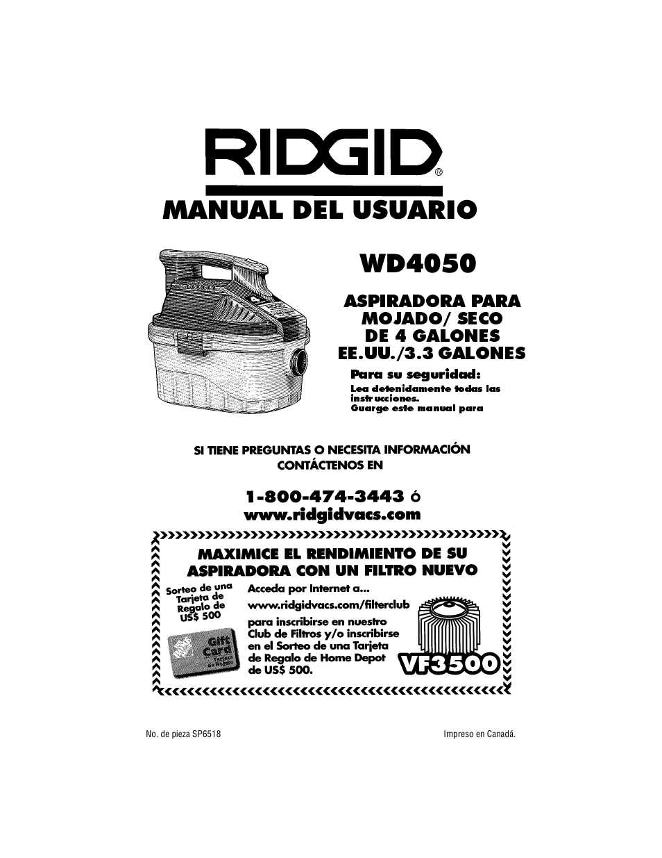 Manual del usuario, Wd4050 | RIDGID WD4050 User Manual | Page 13 / 36