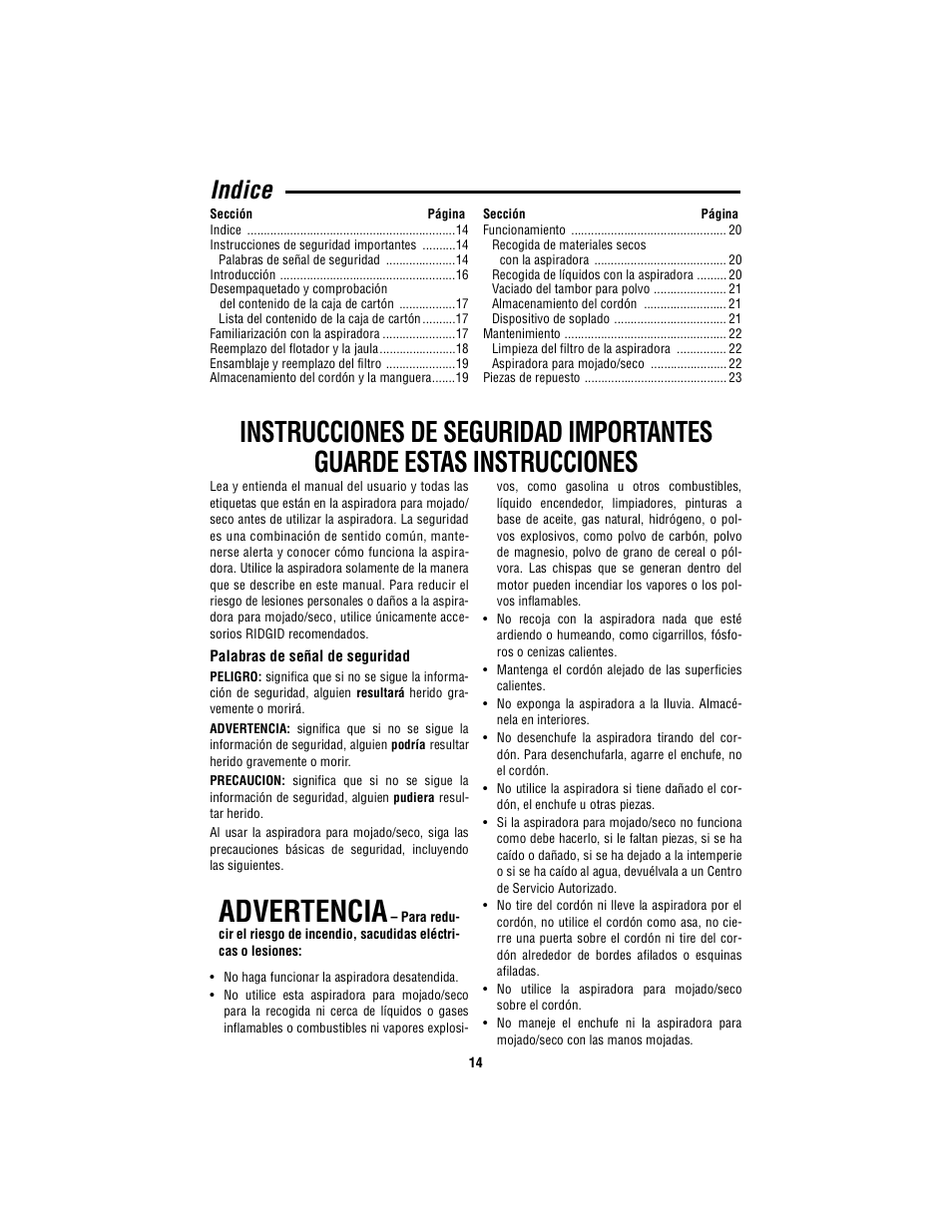 Indice, Advertencia | RIDGID WD4050 User Manual | Page 14 / 36