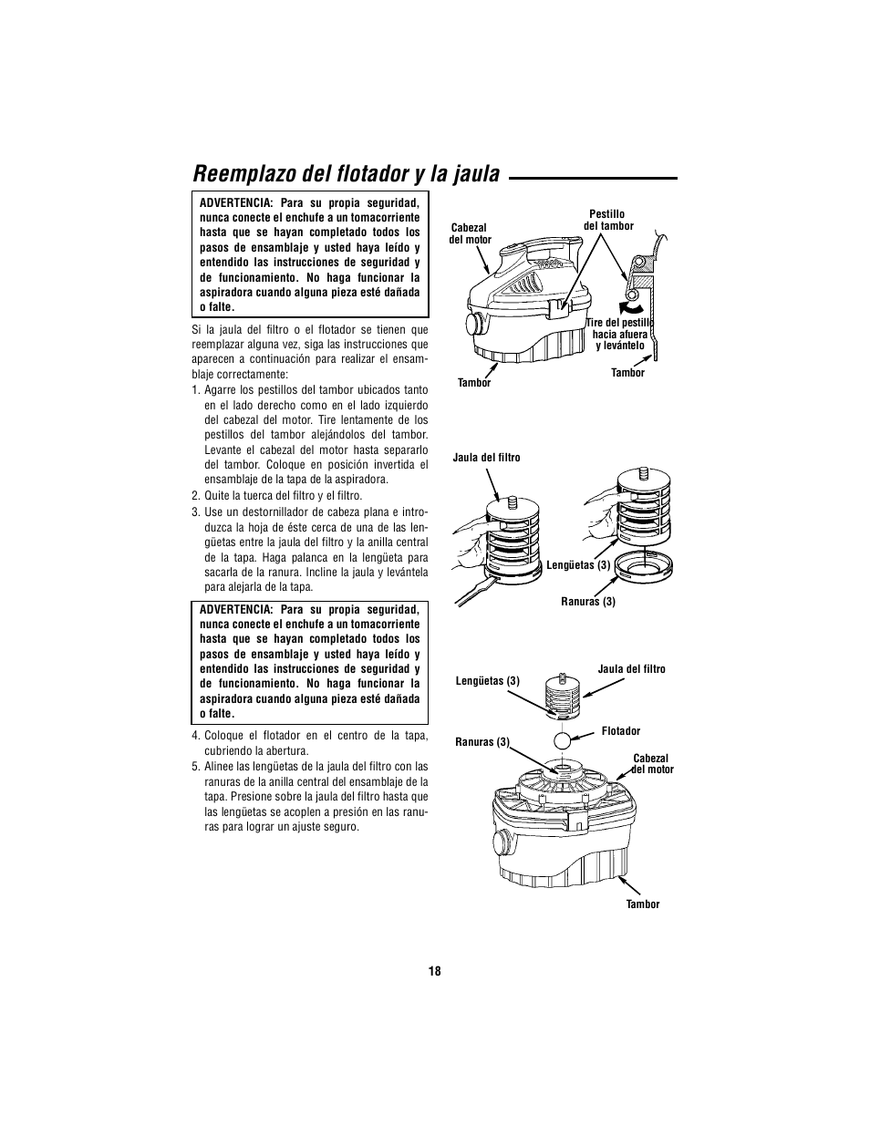 Reemplazo del flotador y la jaula | RIDGID WD4050 User Manual | Page 18 / 36