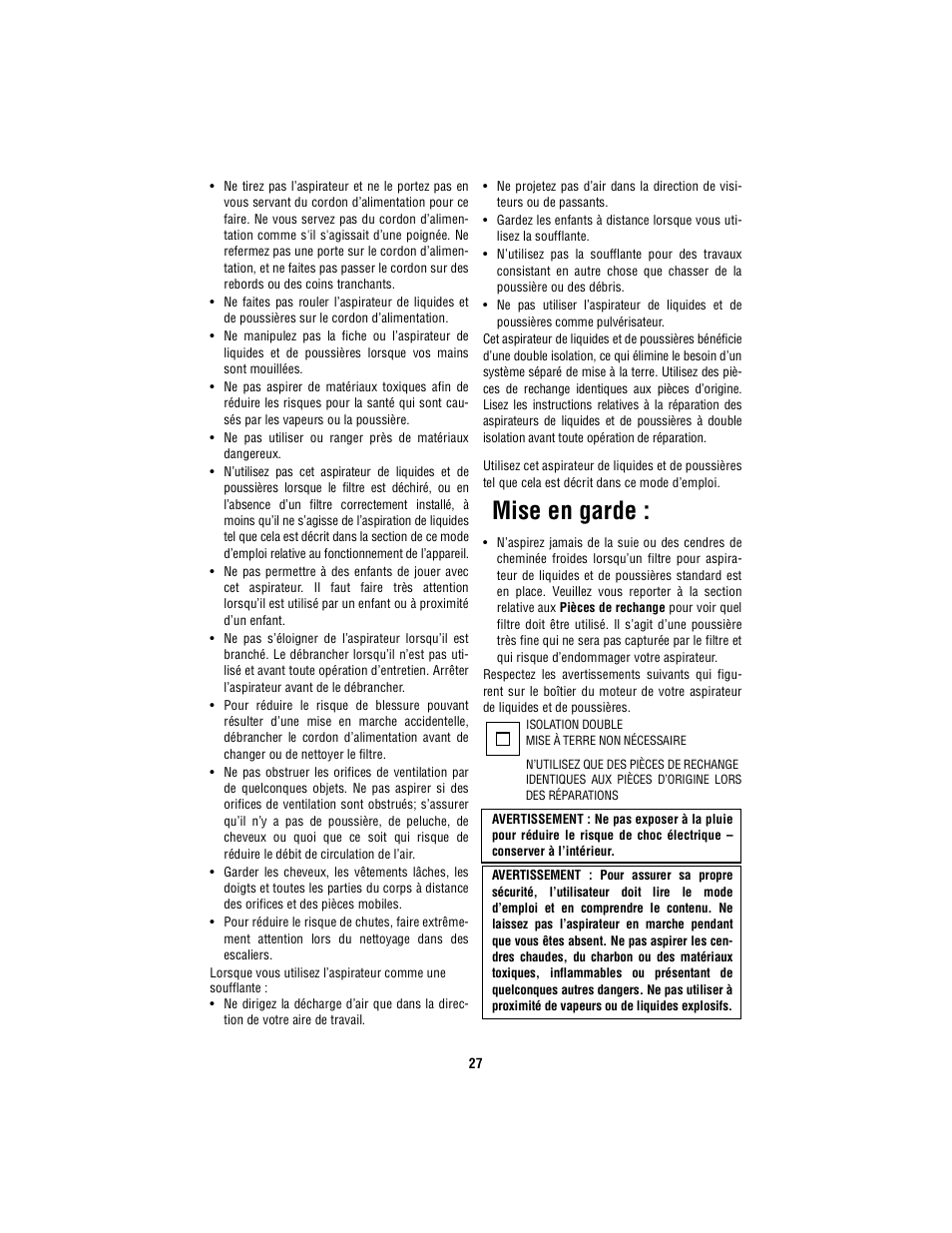 Mise en garde | RIDGID WD4050 User Manual | Page 27 / 36