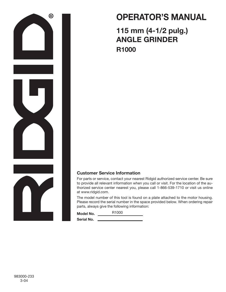 Operator’s manual, R1000 | RIDGID R1000 User Manual | Page 20 / 20