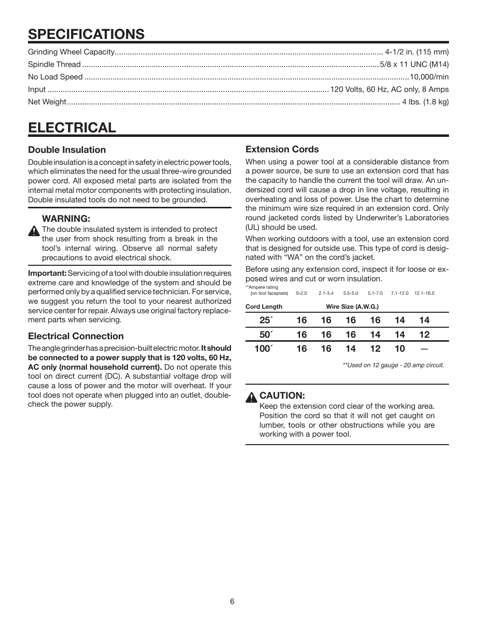 Specifications, Electrical | RIDGID R1000 User Manual | Page 6 / 20