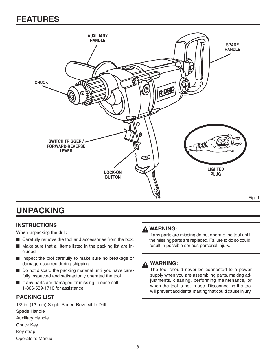 Features unpacking | RIDGID R7120 User Manual | Page 8 / 18