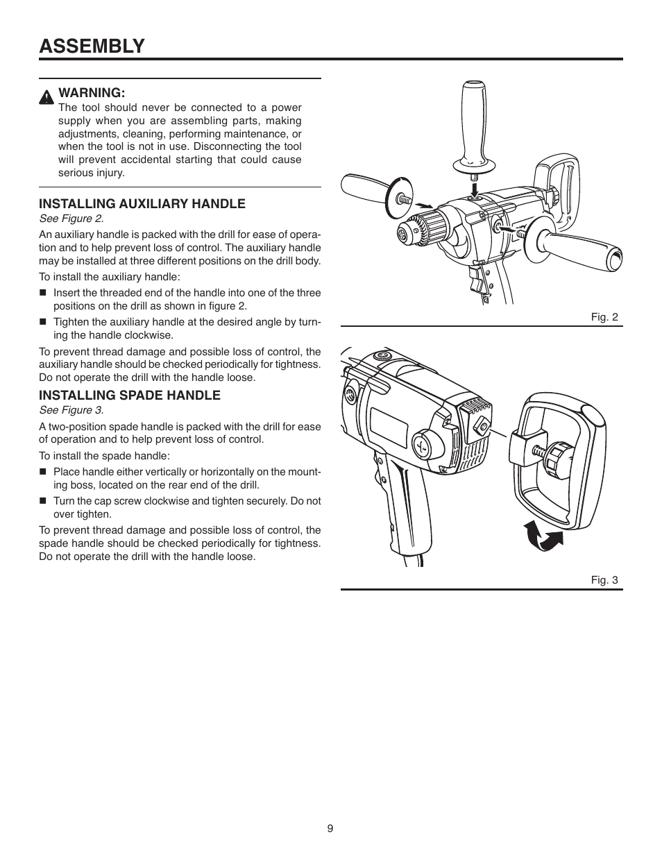 Assembly, Warning, Installing auxiliary handle | Installing spade handle | RIDGID R7120 User Manual | Page 9 / 18