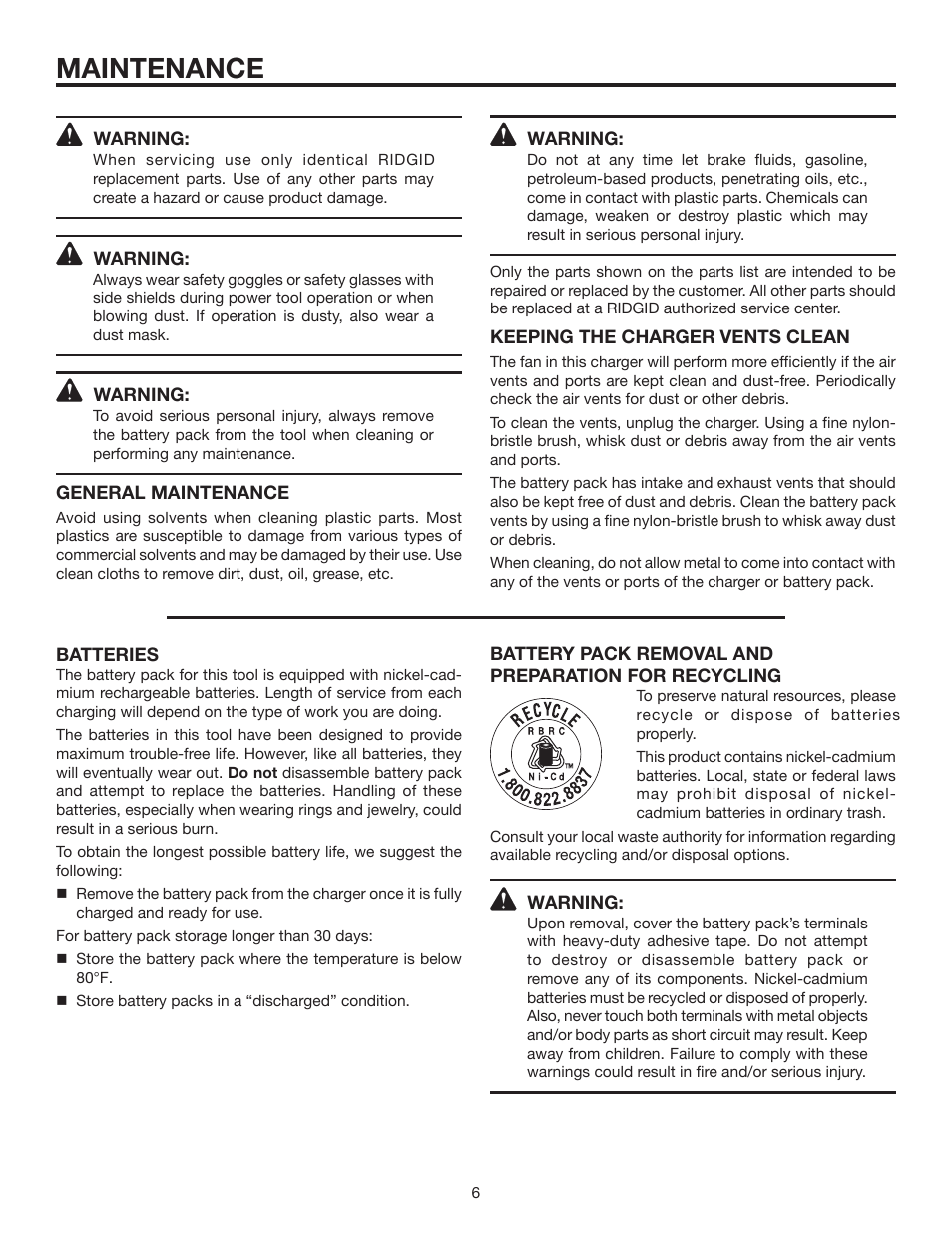 Maintenance | RIDGID 140276002 User Manual | Page 6 / 8