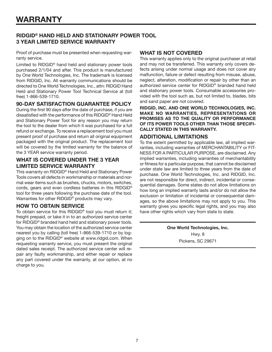 Warranty, Day satisfaction guarantee policy, How to obtain service | Ridgid, Additional limitations | RIDGID 140276002 User Manual | Page 7 / 8