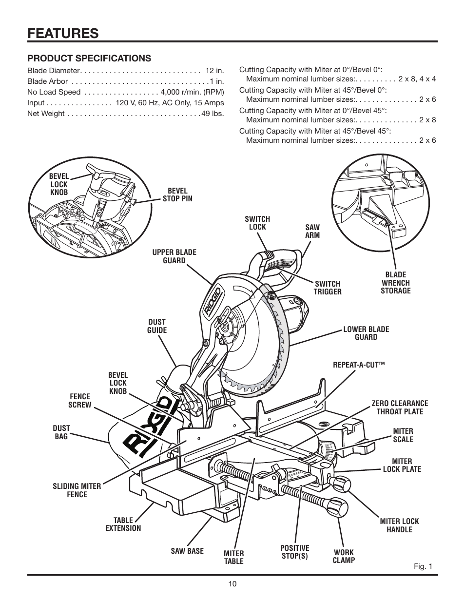 Features | RIDGID MS1250LZ1 User Manual | Page 10 / 34