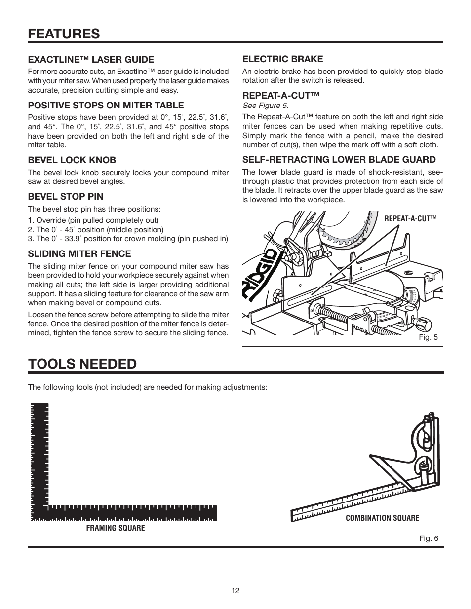 Features, Tools needed | RIDGID MS1250LZ1 User Manual | Page 12 / 34
