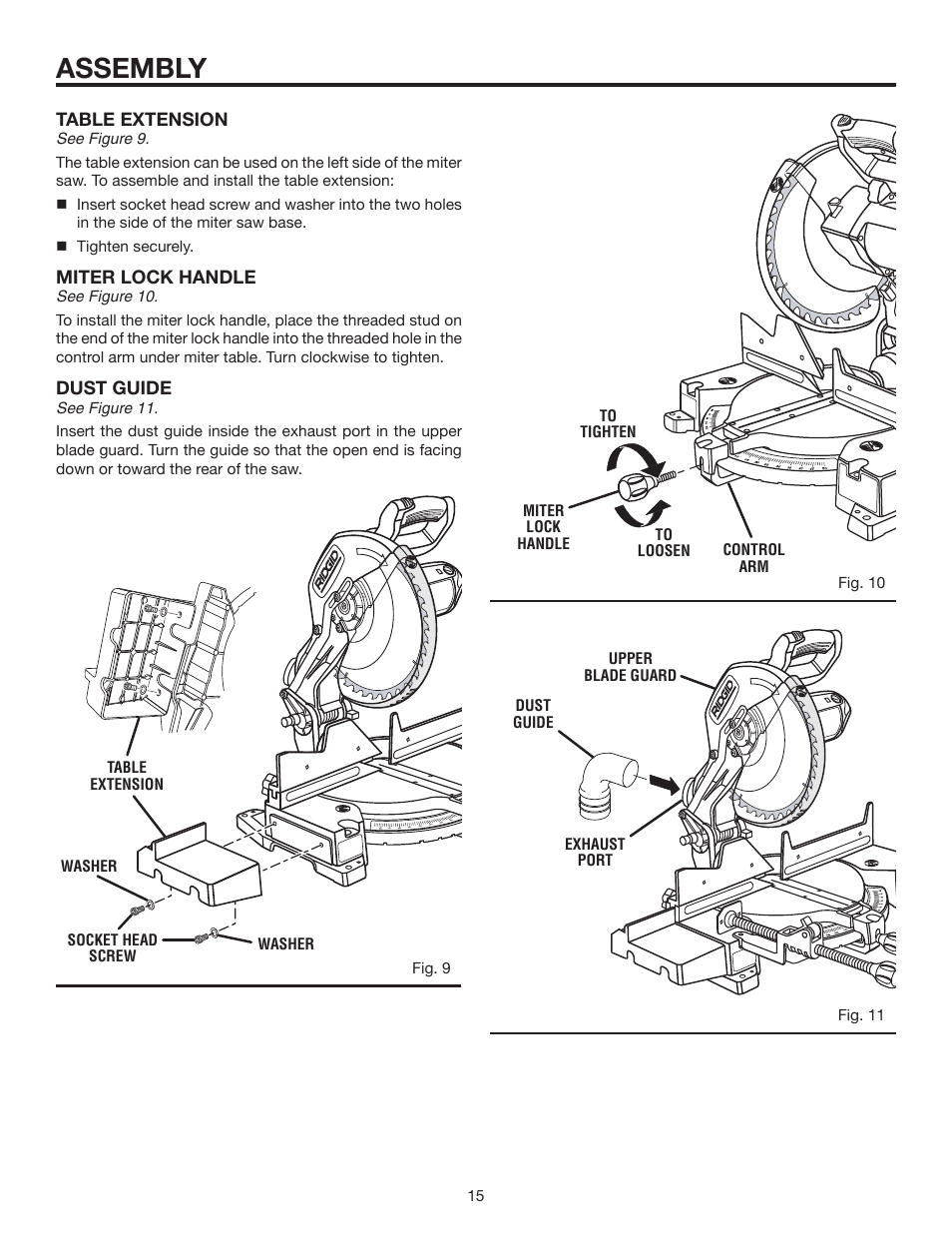 Assembly, Table extension, Miter lock handle | Dust guide | RIDGID MS1250LZ1 User Manual | Page 15 / 34