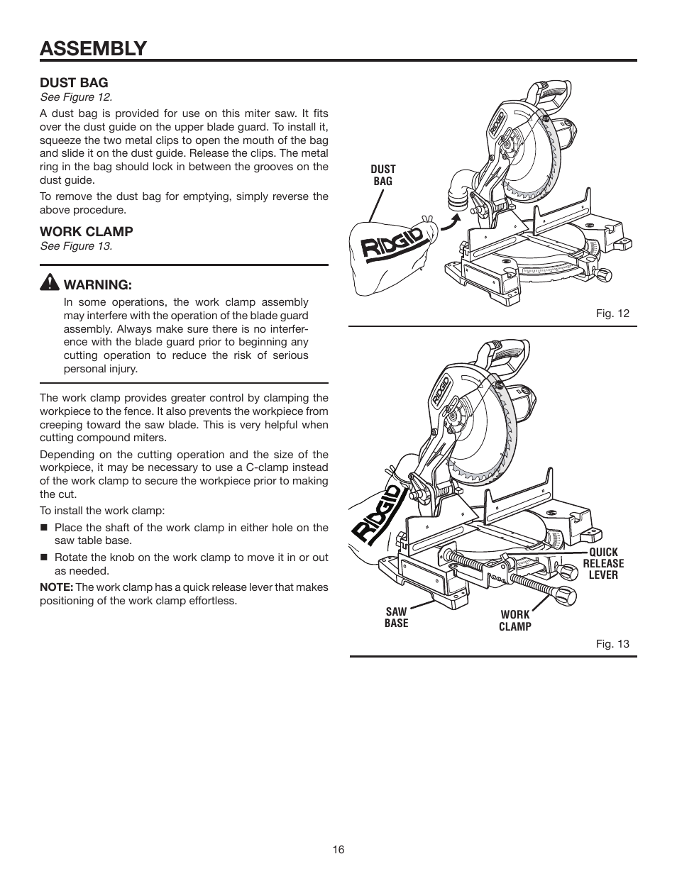 Assembly, Dust bag, Work clamp | Warning | RIDGID MS1250LZ1 User Manual | Page 16 / 34
