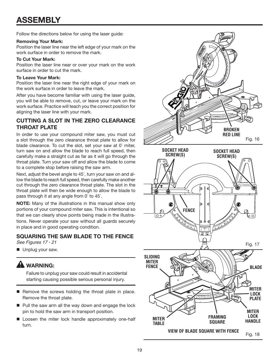 Assembly, Cutting a slot in the zero clearance throat plate, Squaring the saw blade to the fence | Warning | RIDGID MS1250LZ1 User Manual | Page 19 / 34